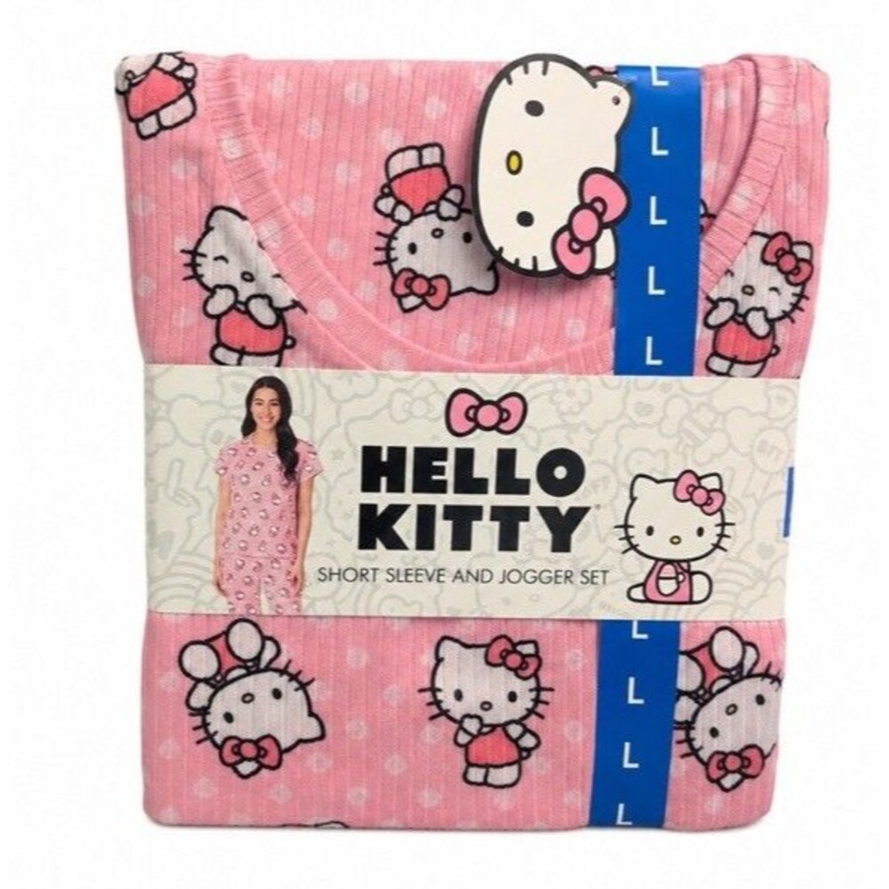 NWT Hello Kitty Womens Pajama Set Pink Short Sleeve Jogger Large Cute Soft New